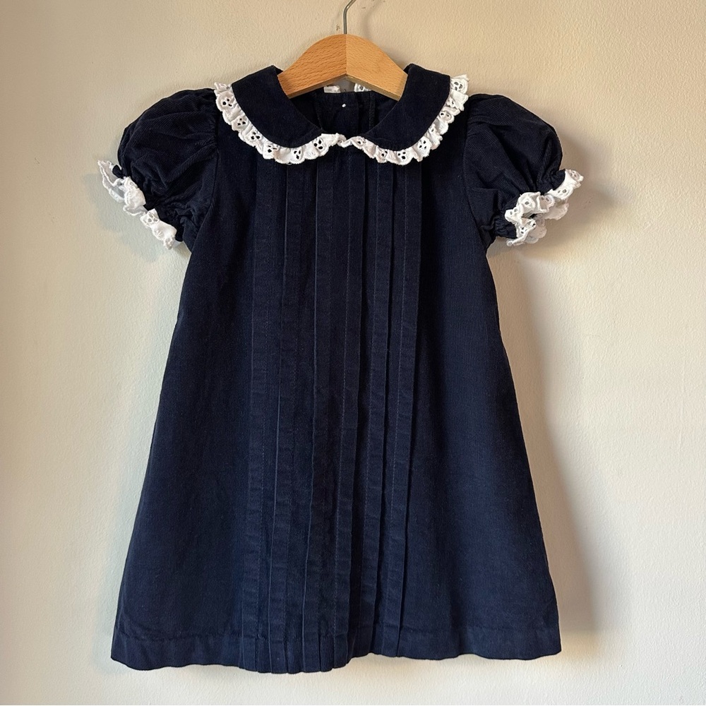 Stellybelly Navy Pleated Corduroy Puff Sleeve Ruffle Peter Pan Dress Size 2T